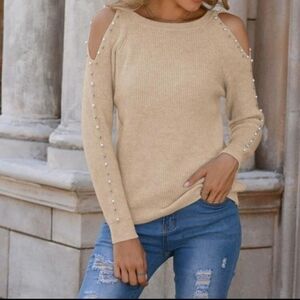 Cold Shoulder Knit Sweater | Encrusted Pearls - Ribbed - Round Neck Size Medium